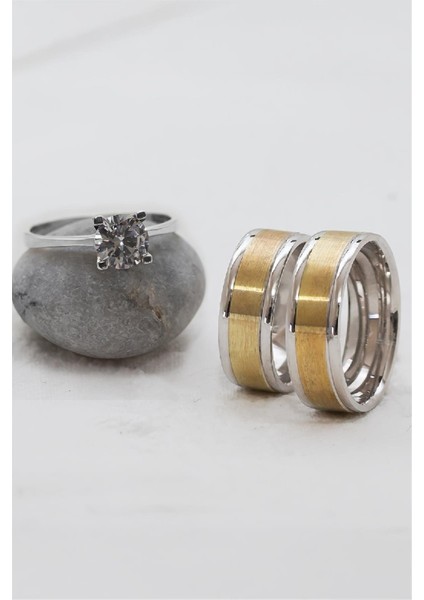 Rodyumlu Düz Altın Renk Broseli Çift Gümüş Alyans (Tektaş Hediyeli)