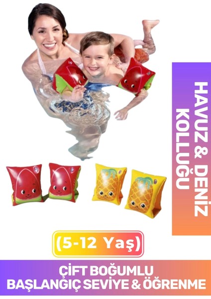 Başlangıç Seviye Çift Boğumlu 5-12 Yaş Çocuk Deniz Havuz Yüzme Öğrenme Meyve Desenli Şişme Kolluğu