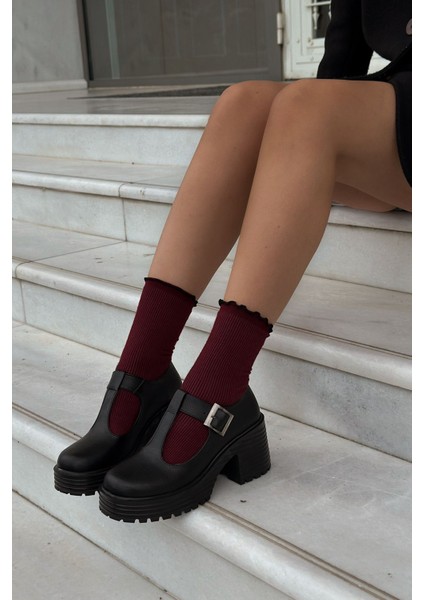 Rasari Mat Deri Kalın Taban Mary Jane Topuklu Ayakkabı Siyah