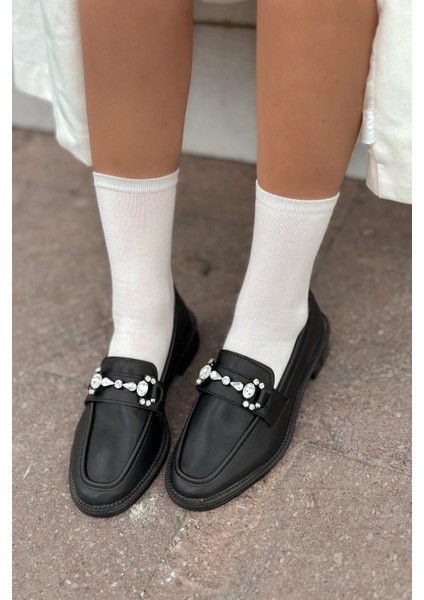 Vitelo Mat Deri Taş Detaylı Kadın Loafer Siyah fiyatları