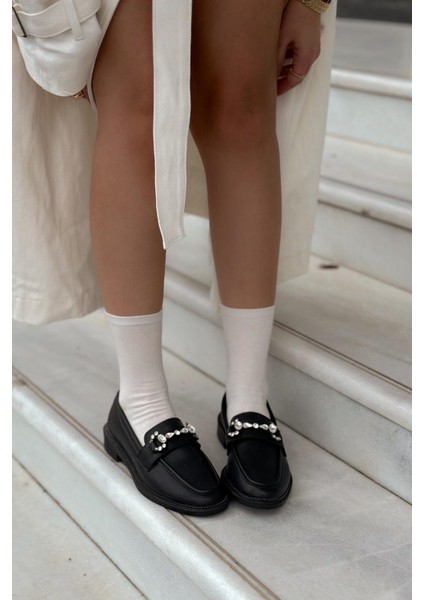 Vitelo Mat Deri Taş Detaylı Kadın Loafer Siyah modelleri