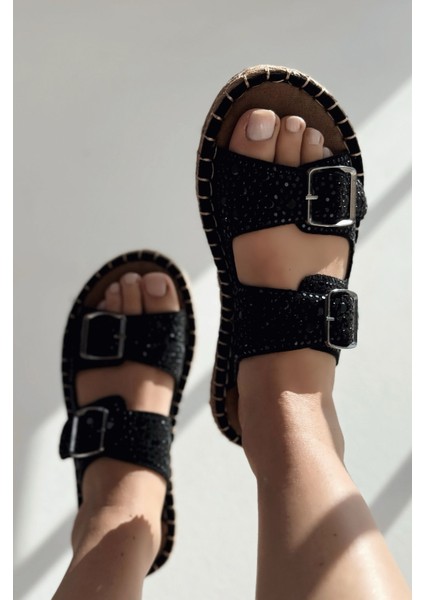 Waloen Süet Siyah Taş Detaylı Kadın Terlik