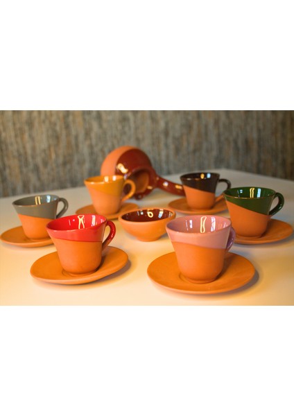 Klasik Model 6 Kişilik Kahve Fincan Seti | Cezveli, El Yapımı Toprak
