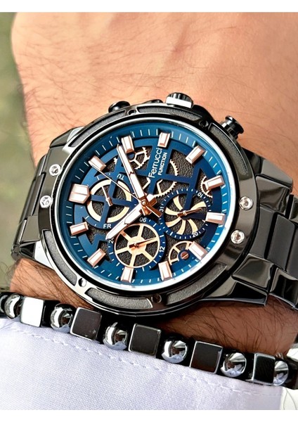 Özel Tasarım Fonksiyonlu Siyah Çelik Erkek Kol Saat+Bileklik