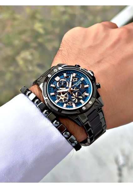 Özel Tasarım Fonksiyonlu Siyah Çelik Erkek Kol Saat+Bileklik modelleri