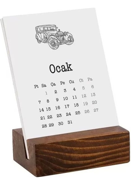 Vintage Araba Serisi Masa Takvimi | Ahşap Tabanlı 2026 Masa Takvimi