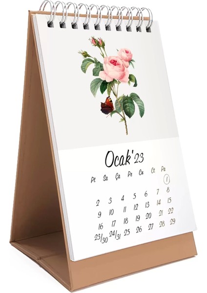 Çiçekli Masa Takvimi, Vintage Çiçekli Takvim, Kraft Üçgen Takvim, 2026 Masa Takvimi
