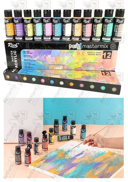 Rich Mastermix Akrilik Boya 12 Renk 60 ml 1 Paket Pastel Renkler Akrilik Boya 12 Li Profesyonel Tuval Canvas Boyası
