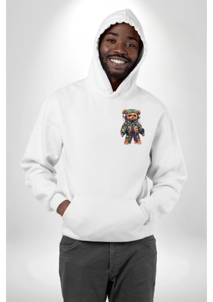 Akıllı Teknoloji Tarzı Ayıcık Beyaz Kapüşonlu Sweatshirt Kadın Erkek Ön Minimal Sırt Baskılı fiyatları