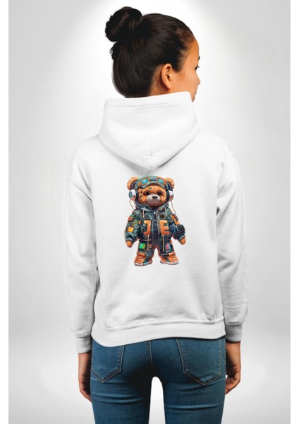 Akıllı Teknoloji Tarzı Ayıcık Beyaz Kapüşonlu Sweatshirt Kadın Erkek Ön Minimal Sırt Baskılı modelleri