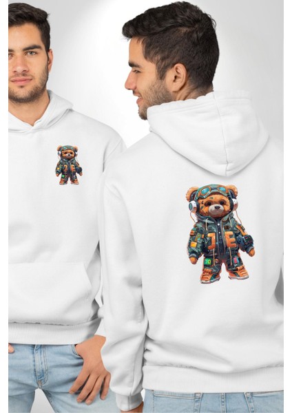 Akıllı Teknoloji Tarzı Ayıcık Beyaz Kapüşonlu Sweatshirt Kadın Erkek Ön Minimal Sırt Baskılı fırsatları