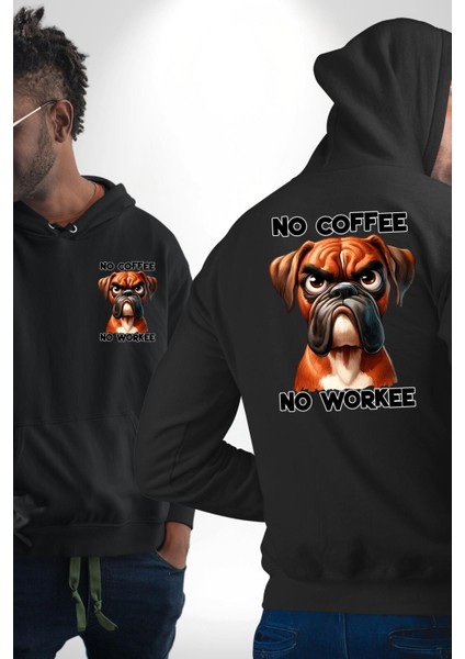 Kahve Olmadan Çalışmam Kahve Aşkı ve Boxer Köpek Siyah Kapüşonlu Sweatshirt Kadın Erkek Ön Minimal Sırt Baskılı