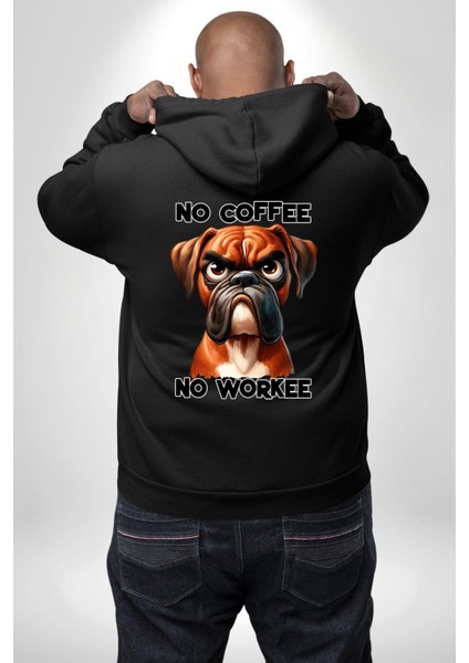 Kahve Olmadan Çalışmam Kahve Aşkı ve Boxer Köpek Siyah Kapüşonlu Sweatshirt Kadın Erkek Ön Minimal Sırt Baskılı modelleri