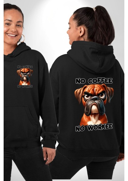 Kahve Olmadan Çalışmam Kahve Aşkı ve Boxer Köpek Siyah Kapüşonlu Sweatshirt Kadın Erkek Ön Minimal Sırt Baskılı fırsatları