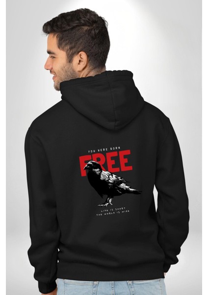 Özgür Doğdun Baskılı Siyah Karga Siyah Kapüşonlu Sweatshirt Kadın Erkek Ön Minimal Sırt Baskılı indirimleri