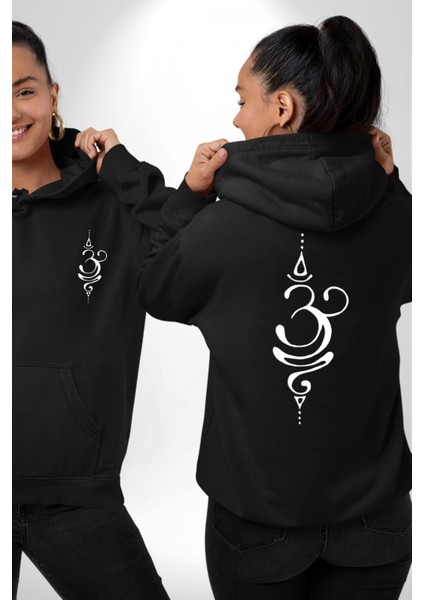 Om Aum Budizm Yoga Siyah Kapüşonlu Sweatshirt Kadın Erkek Ön Minimal Sırt Baskılı