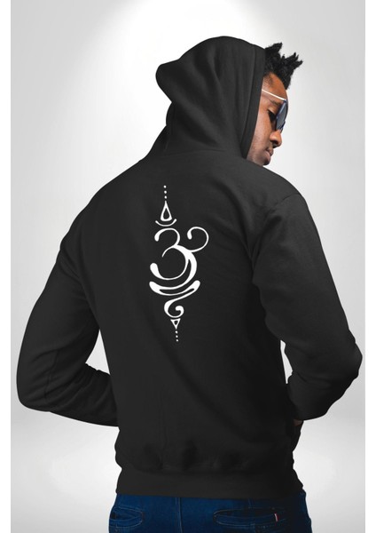 Om Aum Budizm Yoga Siyah Kapüşonlu Sweatshirt Kadın Erkek Ön Minimal Sırt Baskılı modelleri