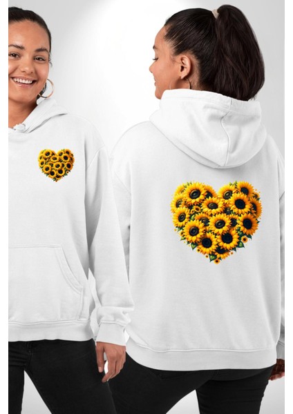 Ayçiçeği Ile Özel Tasarım Kalp Bahar Beyaz Kapüşonlu Sweatshirt Kadın Erkek Ön Minimal Sırt Baskılı