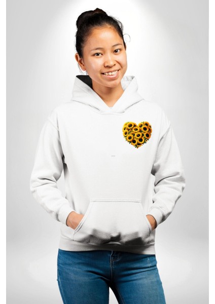 Ayçiçeği Ile Özel Tasarım Kalp Bahar Beyaz Kapüşonlu Sweatshirt Kadın Erkek Ön Minimal Sırt Baskılı fiyatları