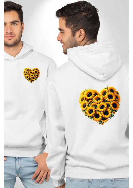 Ayçiçeği Ile Özel Tasarım Kalp Bahar Beyaz Kapüşonlu Sweatshirt Kadın Erkek Ön Minimal Sırt Baskılı fırsatları