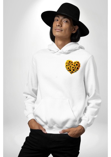 Ayçiçeği Ile Özel Tasarım Kalp Bahar Beyaz Kapüşonlu Sweatshirt Kadın Erkek Ön Minimal Sırt Baskılı indirimleri