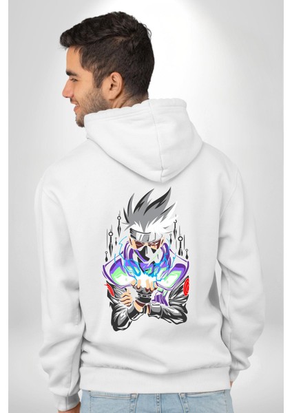 Kakashi Hatake Ninja Gücü Anime Beyaz Kapüşonlu Sweatshirt Kadın Erkek Ön Minimal Sırt Baskılı modelleri
