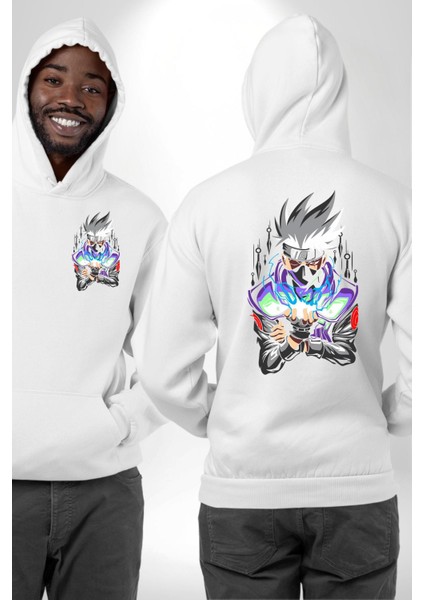 Kakashi Hatake Ninja Gücü Anime Beyaz Kapüşonlu Sweatshirt Kadın Erkek Ön Minimal Sırt Baskılı fırsatları
