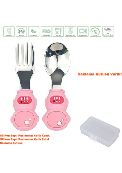Roket ve Astronot Figürlü Çocuk Silikon Saplı Paslanmaz Çelik Uçlu Kaşık - Çatal Seti ve Saklama Kutusu (Pembe)