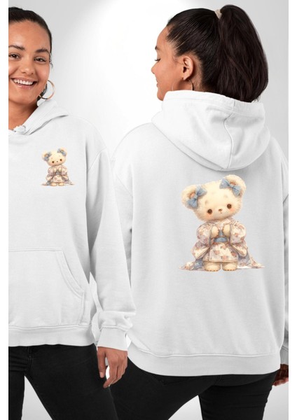 Çiçekli Mavi Elbiseli Ayıcık Beyaz Kapüşonlu Sweatshirt Kadın Erkek Ön Minimal Sırt Baskılı
