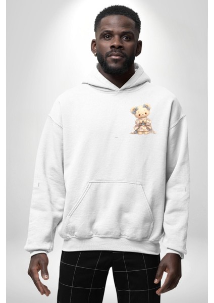Çiçekli Mavi Elbiseli Ayıcık Beyaz Kapüşonlu Sweatshirt Kadın Erkek Ön Minimal Sırt Baskılı fiyatları