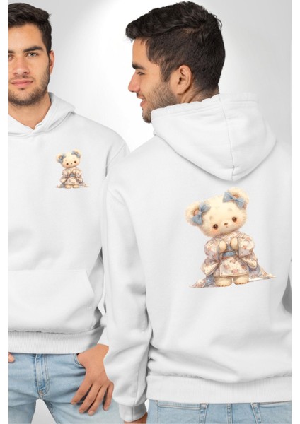 Çiçekli Mavi Elbiseli Ayıcık Beyaz Kapüşonlu Sweatshirt Kadın Erkek Ön Minimal Sırt Baskılı fırsatları