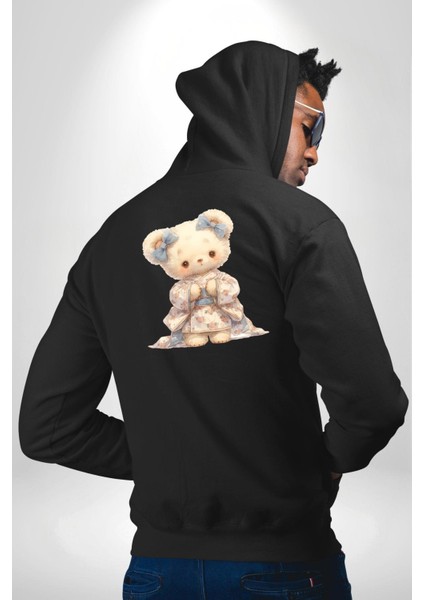 Çiçekli Mavi Elbiseli Ayıcık Siyah Kapüşonlu Sweatshirt Kadın Erkek Ön Minimal Sırt Baskılı modelleri