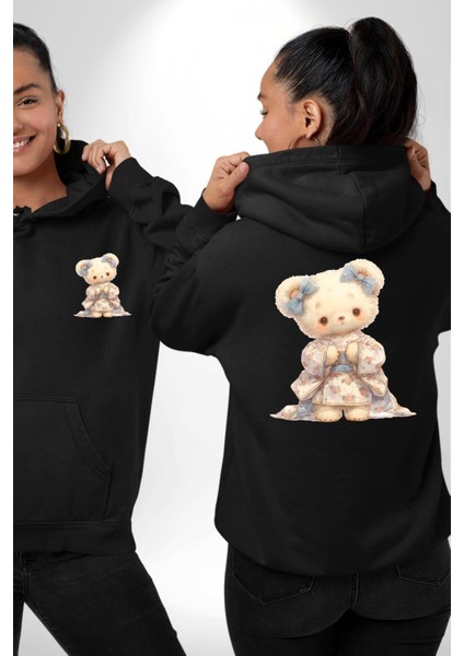 Çiçekli Mavi Elbiseli Ayıcık Siyah Kapüşonlu Sweatshirt Kadın Erkek Ön Minimal Sırt Baskılı fırsatları
