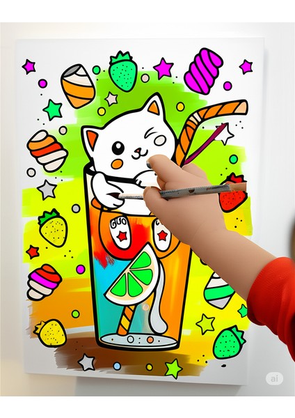 25X35 Resimli Tuval Çocuk Boyama Seti- Bardak Kedi-6 Renk Akrilik Boya ve 2 Fırça Adet Fırça