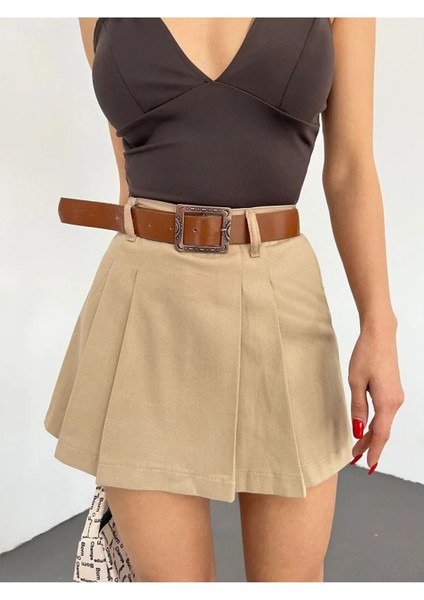 Kemerli Pileli Şort Etek