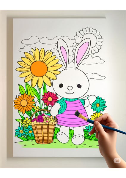 25 x 35 cm Resimli Tuval Çocuk Boyama Seti Tavşan Resimli 6 Renk Akrilik Boya ve 2 Fırça Adet Fırça ile