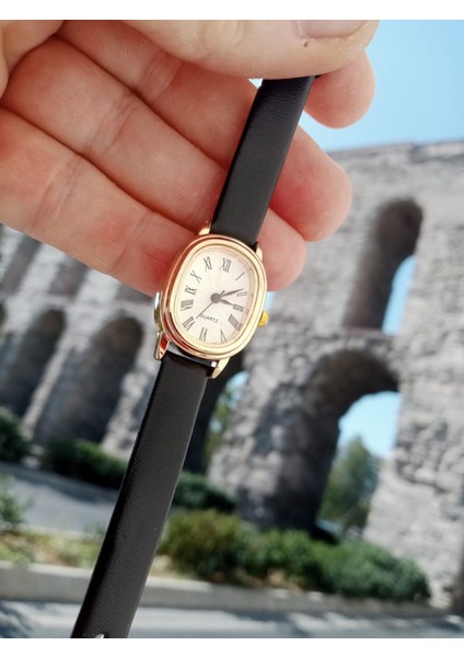 Retro Still Marka Model Vintage Oval Gold Kasa - Siyah Kordon Kadın Kol Saati 0014