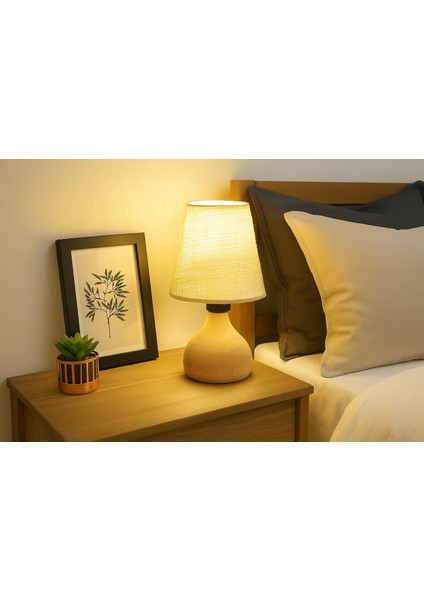 Doğal Ahşap Jüt Başlık Abajur - Ahşap Ayaklı Dekoratif Aydınlatma Lamba I Salon, Oturma, Yatak Odası