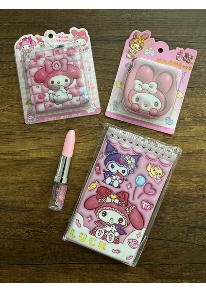 My Melody Kuromi Kırtasiye Seti 3 Adet Sticker Not Defteri 1 Adet Kalem Okul Set Defter