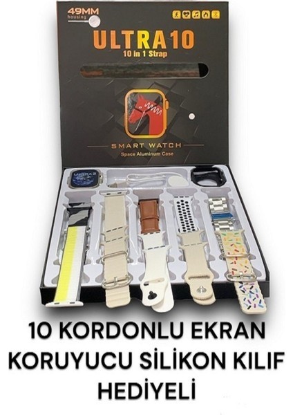 Smart W4TCH Ultra 10 49 mm 10IN1 Akıllı Saat 10 Kordonlu Takvim Spor Whatspp Menülü Koruma Kılıflı