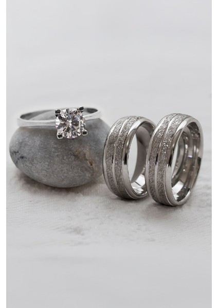 Rodyumlu Tırtık Desenli Çift Gümüş Alyans (Tektaş Hediyeli)