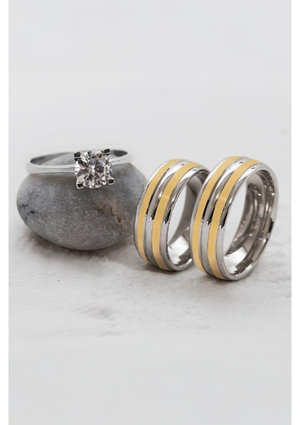 Rodyumlu Beş Şeritli Çift Gümüş Alyans (Tektaş Hediyeli)