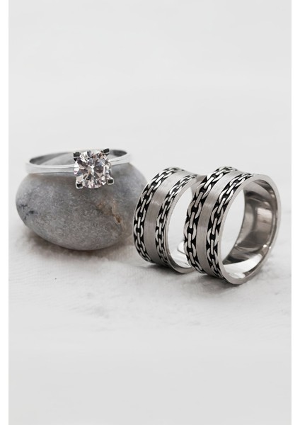 Zincir Desenli Karartmalı Çift Gümüş Alyans (Tektaş Hediyeli)