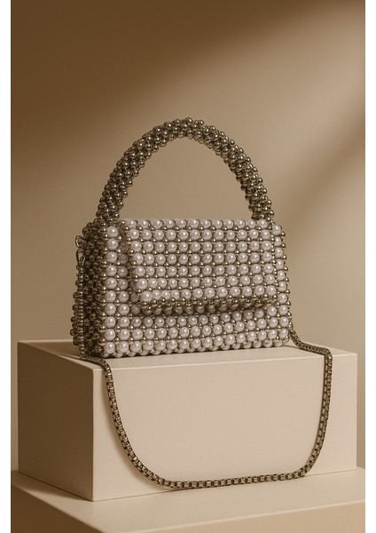 Kadın Abiye Çanta Inci Taşlı Boncuk Elişi Çanta Kristal Beyaz Boncuklu Çanta, Beyaz İnci Boncuklu Çanta Çanta Omuz Çantası, Kristal Çanta, Beyaz inci Akşam Çantası, Boncuklu Çanta, Gelin Çantası