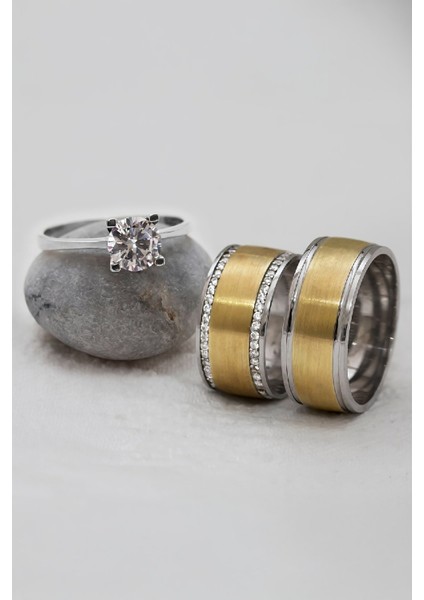 Ortası Altın Renkli Düz Çift Gümüş Alyans (Tektaş Hediyeli)