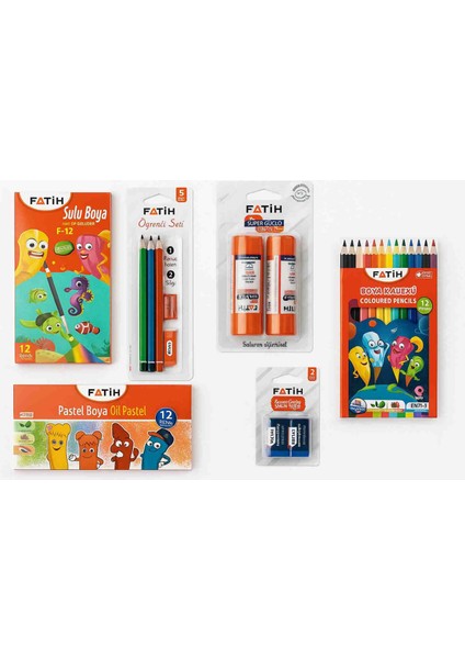 Kırtasiye Seti – 12 Renk Sulu Boya, 12 Renk Pastel Boya, 12 Renk Kuru Boya, Öğrenci Seti, Yapıştırıcı ve Silgi Seti