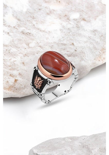 Kapşon Akik Taşlı Gümüş Erkek Yüzük