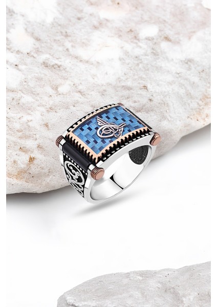Mavi Mine Üzeri Tuğra Gümüş Erkek Yüzük