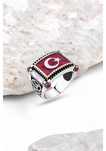 Kırmızı Mine Üzeri Ay-Yıldız Yanları Sedef Gümüş Erkek Yüzük