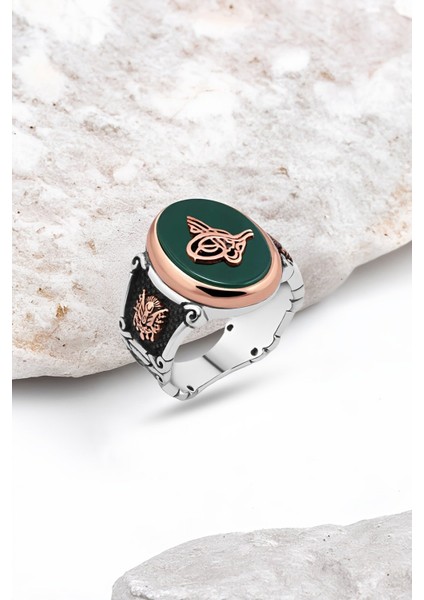Yeşil Akik Taş Üzeri Tuğralı Gümüş Erkek Yüzük